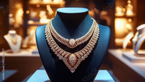 Wallpaper Mural luxurious gold and diamond layered necklace displayed on a black mannequin bust in a warmly lit jewelry store showcasing intricate craftsmanship and elegance Torontodigital.ca
