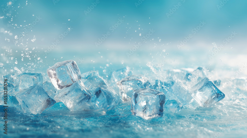 Obraz premium 水しぶきとともに氷が飛び散る動的なシーン(清涼感・夏・飲料)