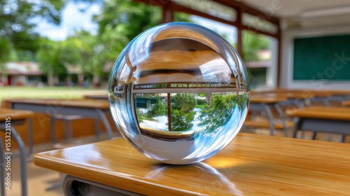 Back to School Concept: Crystal Ball on Desk Reflecting Nature & Learning