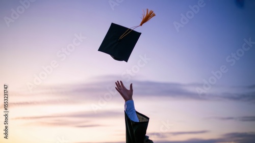 Celebratory graduation hat toss at sunset