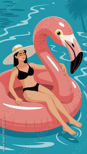 A girl in a hat swims on a pink inflatable flamingo and sunbathes. Vector graphics. EPS.