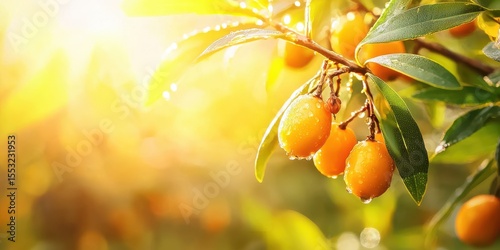 Sea Buckthorn Berries With Dewdrops On Branches In Sunlight. Freshness And Vitality In Nature