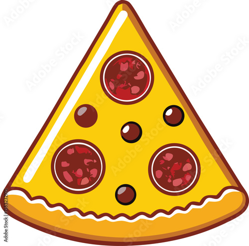 Cartoon Pizza Slice with Pepperoni and Olives on White Background