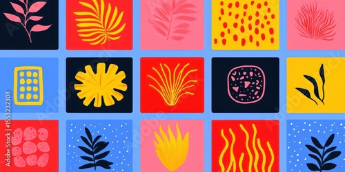 Colorful grid pattern with abstract botanical shapes in shades of pink, yellow, blue, red, and black expressing vibrant, playful nature-inspired design