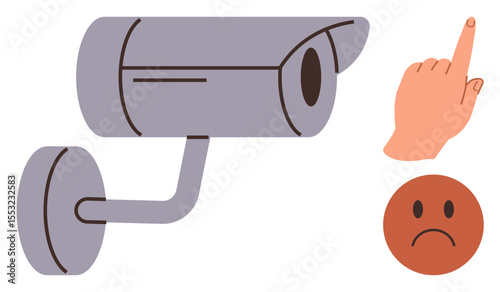 Security camera mounted on wall, hand pointing for attention, and sad face indicating concern or disapproval. Ideal for security, privacy, monitoring, surveillance, technology, control ethical
