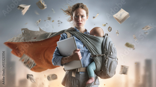 A woman dressed in a superhero cape holds a laptop in one hand, a school backpack in the other, and a baby carrier strapped to her chest. Concept of invisible labor and unrealistic expectations.
