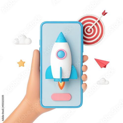 3d rocket launch app on smartphone isolated on transparent background