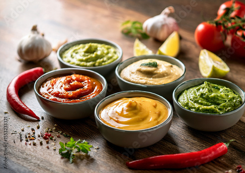 Fototapeta Stół kuchenny z zestawem sześciu małych miseczek, każda zawiera inny sos z różnych kuchni świata – guacamole, salsa pomidorowa, tzatziki, hummus, sos sojowy i chutney mango