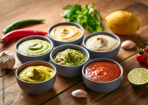 Fototapeta Stół kuchenny z zestawem sześciu małych miseczek, każda zawiera inny sos z różnych kuchni świata – guacamole, salsa pomidorowa, tzatziki, hummus, sos sojowy i chutney mango