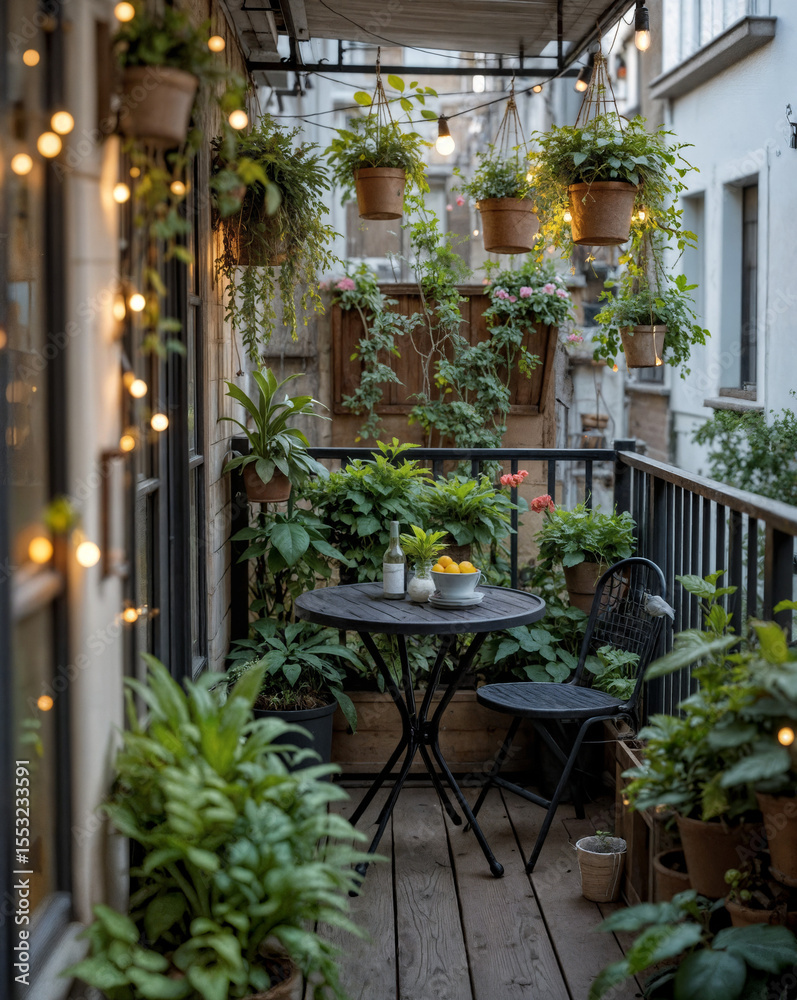 Fototapeta premium A small urban balcony transformed into a cozy retreat a compact bistro set hanging planters and fairy lights- Close-up on the details of the plants and lights- 2