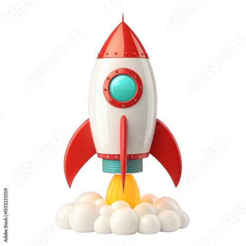 3d cartoon rocket ship launching isolated on transparent background