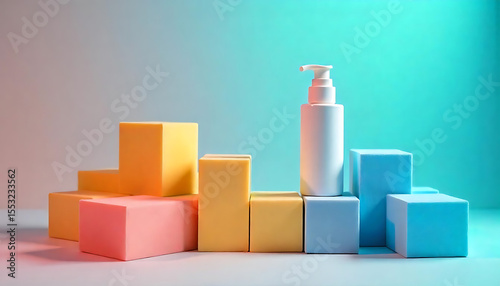 White Cosmetic Bottle on Abstract Colorful Foam