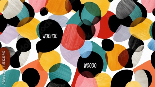 Woohoo celebration with colorful abstract blobs
