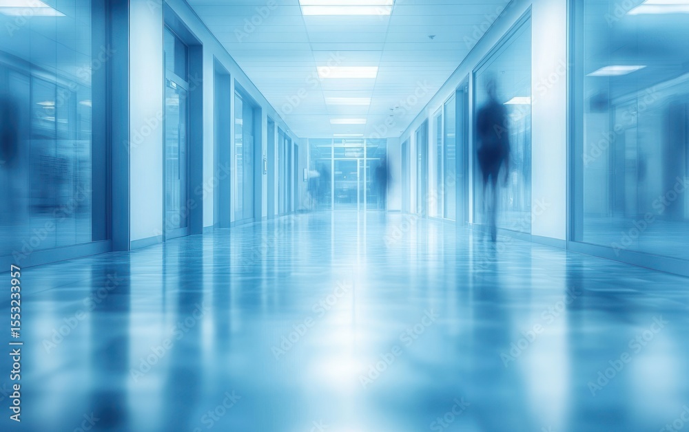Fototapeta premium Long modern corridor with reflective floor and glass walls under bright ceiling lights with blurred human figures walking through
