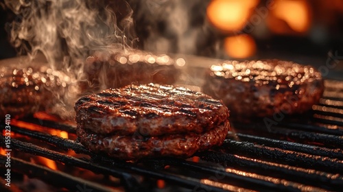 Wallpaper Mural Juicy beef burger patties grilling on open flame barbecue with smoke rising in warm light Torontodigital.ca