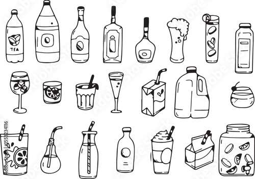 Alcohol Bottle Doodle Set, Drink Icon Vector, Liquor Glass Sketch, Bar Clipart Collection, Beverage Hand Drawn Art, Transparent Background