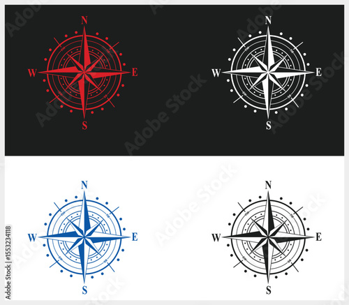 Four Compass Rose Designs in Red White Blue and Black