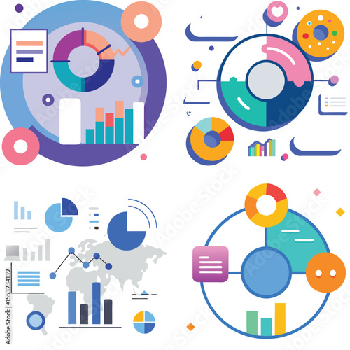 Vector art of colorful charts and graphs illustrate data analysis for business reports