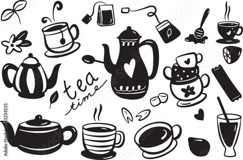 Tea Time Doodle Set, Hot Beverage Icon Vector, Teapot and Cup Sketch, Hand Drawn Cafe Elements, Relaxing Drink Clipart, Transparent Background