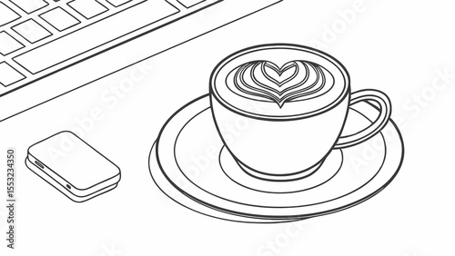 Illustration of coffee cup with heart latte art keyboard and phone for design and coloring page use