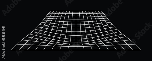 Warped Grid Surface, Black and White Futuristic Mesh. This abstract digital terrain evokes a sense of space-time distortion, virtual reality, or data waves, ideal for sci-fi themes and tech background