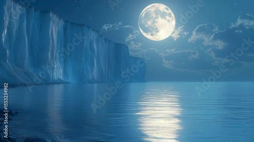 Full moon reflects beautifully over the ocean, its light illuminating the cloudy sky and calm water at the horizon