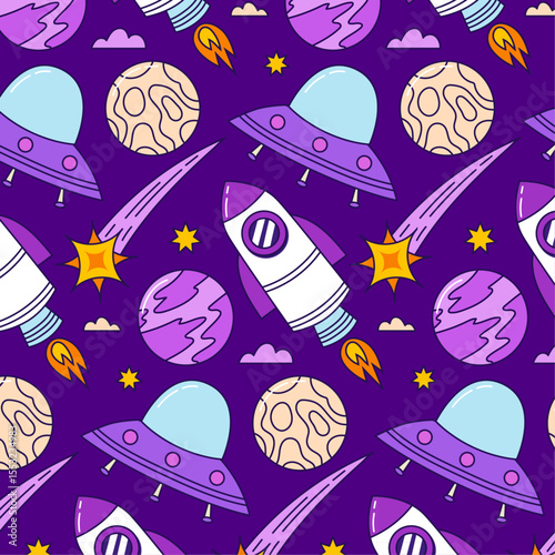 seamless pattern with space rocket planets stars
