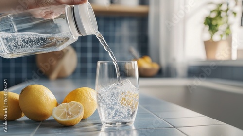 Sparkling water being poured into a glass, with lemons nearby.