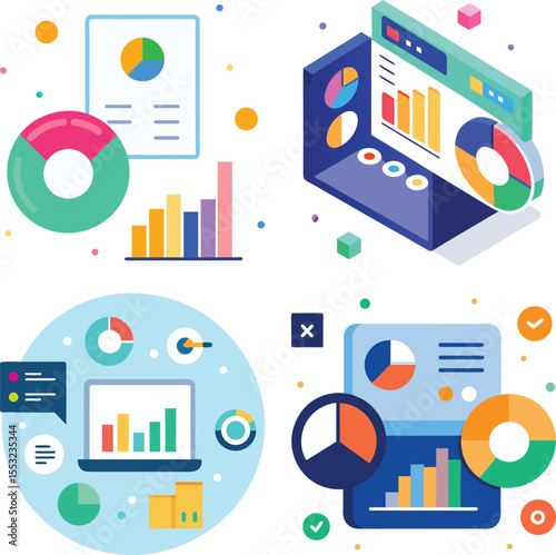 Vector art of isometric charts and graphs show business data analysis on laptop