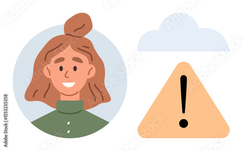 Smiling woman portrait next to cloud and warning sign with exclamation mark. Ideal for safety, alert, caution, warning, technology, communication, risk awareness conceptual themes. Simple flat
