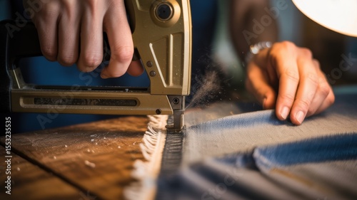 Close-up of hands using staple gun to upholster fabric on wooden surface