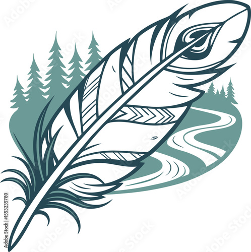 Feather vector illustration featuring a seamless pattern of bird plumes and vintage quill designs