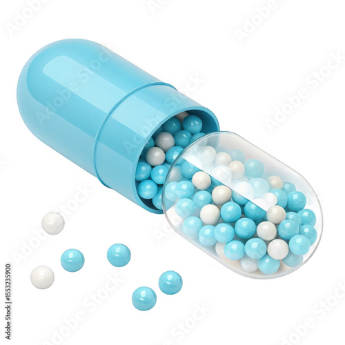 3d realistic capsule with blue and white pellets isolated on transparent background