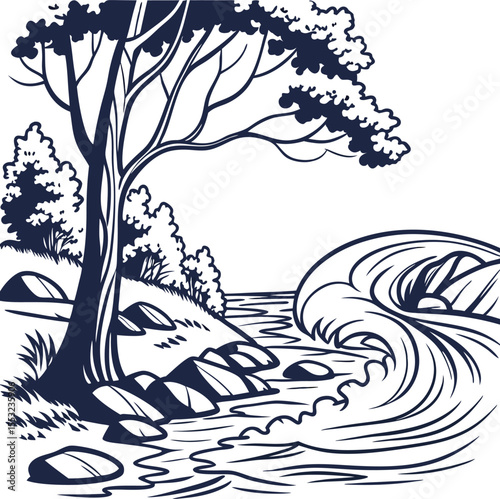 Summer beach wave vector art illustration with a vintage woody tree silhouette design