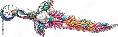 A decorative dagger made of various seashells and colorful coral on a white isolated background art