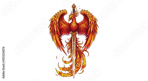 A vibrant phoenix with fiery plumage perched atop a gleaming sword on a stark white background art piece