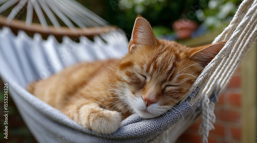 Peaceful Ginger Cat Sleeping in a Hammock Outdoors