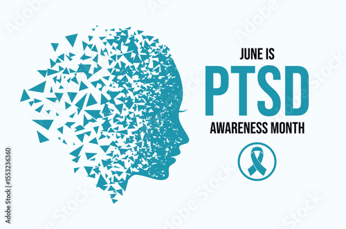 June is Posttraumatic Stress Disorder (PTSD) Awareness Month poster vector illustration. Fragmented female head in profile abstract vector. Shattered head with mental illness icon. Important day