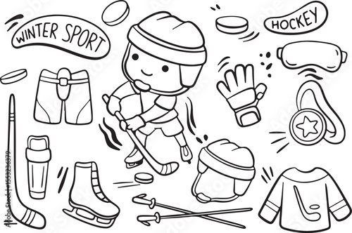 Winter Girl Doodle Vector | Skiing, Snow Hat, Mittens, Snowflake, Cold Weather, Sports Icons