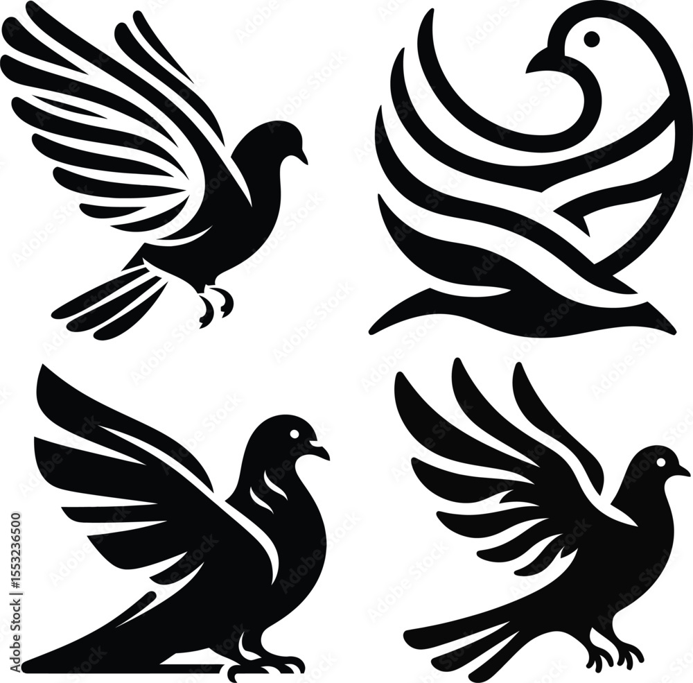 Obraz premium Four stylized black and white dove illustrations in different poses