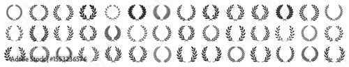 Set of circular laurel and olive wreaths. Vector icon collection of award symbols including wheat, oak, and foliate branches in silhouette style. Isolated on white or transparent background.