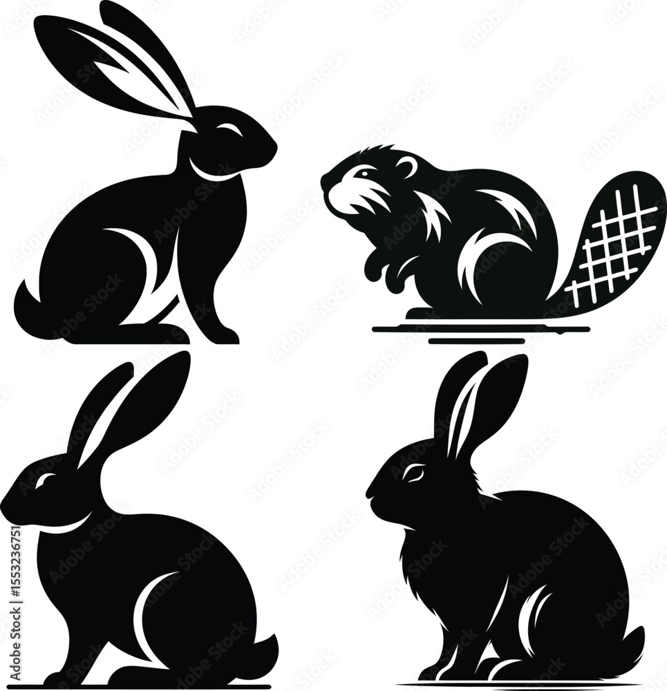 Obraz premium Silhouette illustrations of rabbits and a beaver, showcasing distinct poses and styles