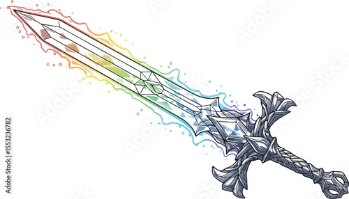 A detailed illustration of a longsword with a rainbow glow isolated on a white background design element