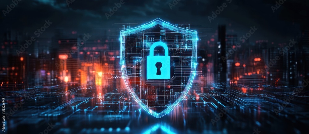 Fototapeta premium Glowing digital shield with a padlock symbol representing cybersecurity and data protection over a futuristic cityscape with network connections and neon lights