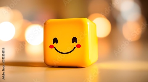 3D-rendered smiling cube with cheerful facial features placed against a vibrant green leaf background, combining playful character design with fresh, nature-inspired aesthetics