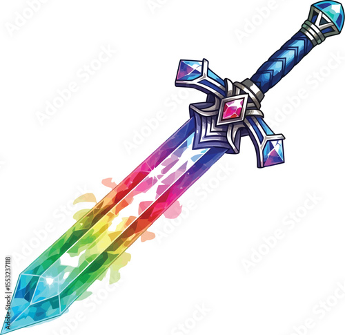 A rainbow colored sword with a blue hilt and jewel accents on a white background in a fantasy style