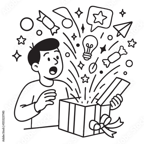 Surprised boy opening gift box with colorful elements and ideas bursting out, expressing joy