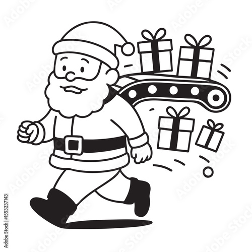 Santa Claus carries gifts on conveyor belt, spreading holiday cheer and joy