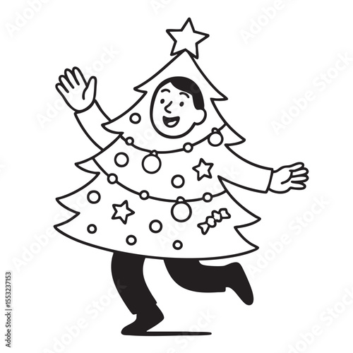 Cheerful person dressed as Christmas tree, spreading holiday joy and excitement