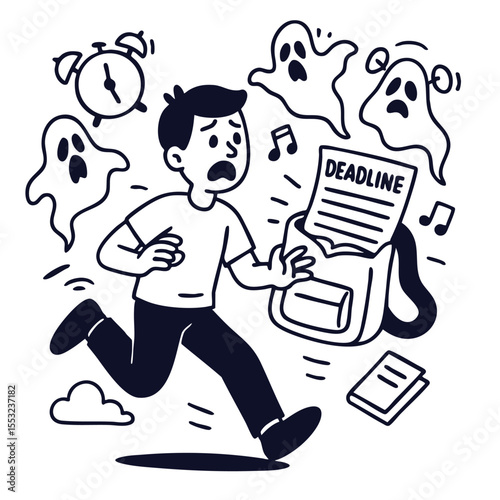 Anxious student runs from deadline ghosts, feeling overwhelmed by time pressure and tasks